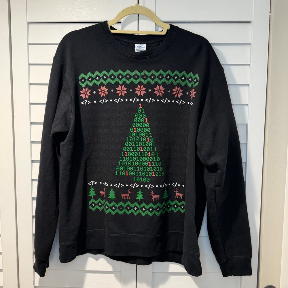 Port & Company Binary Code Christmas‎ Tree Sweatshirt Black Tech Holiday L